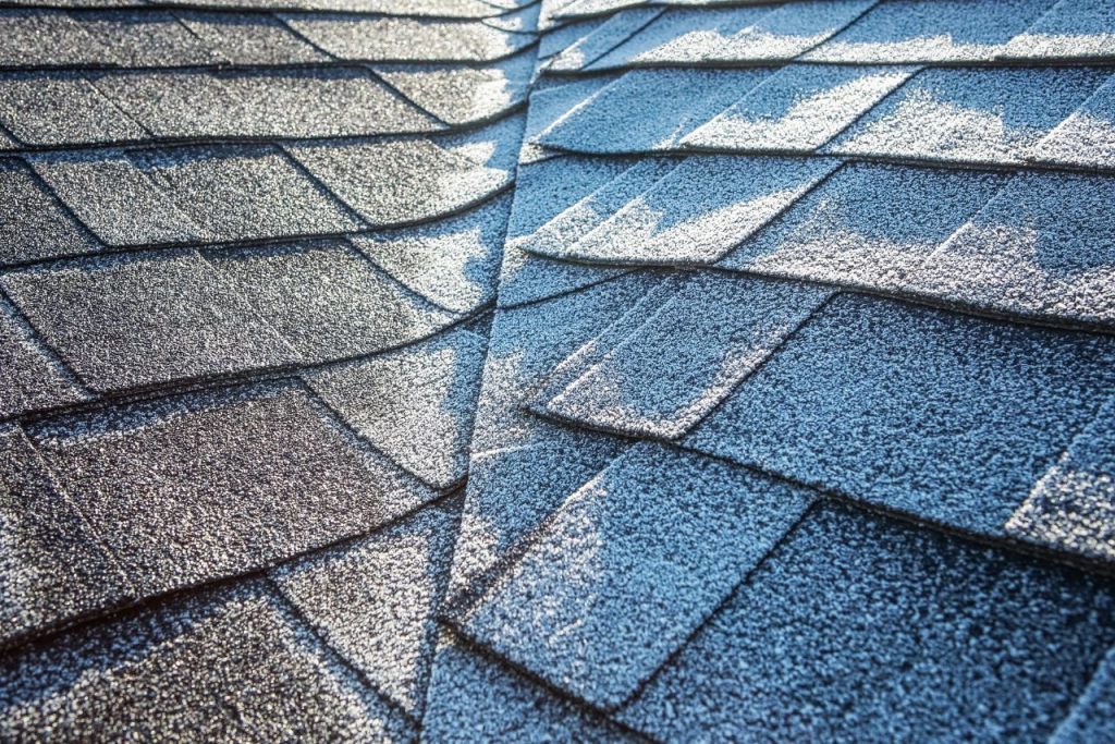 Closeup of roof shingles with frost that occurs during Minnesota winters