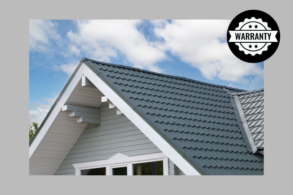 exterior roof of a residential home with a warranty symbol